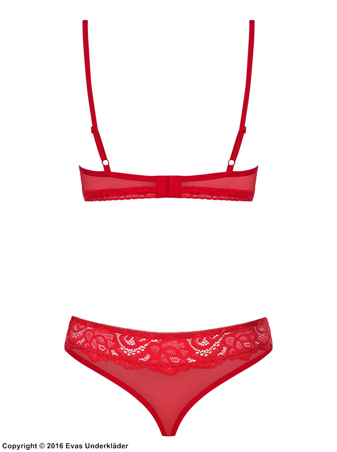 Seductive lingerie set, straps over bust, lace cups, rhinestone heart